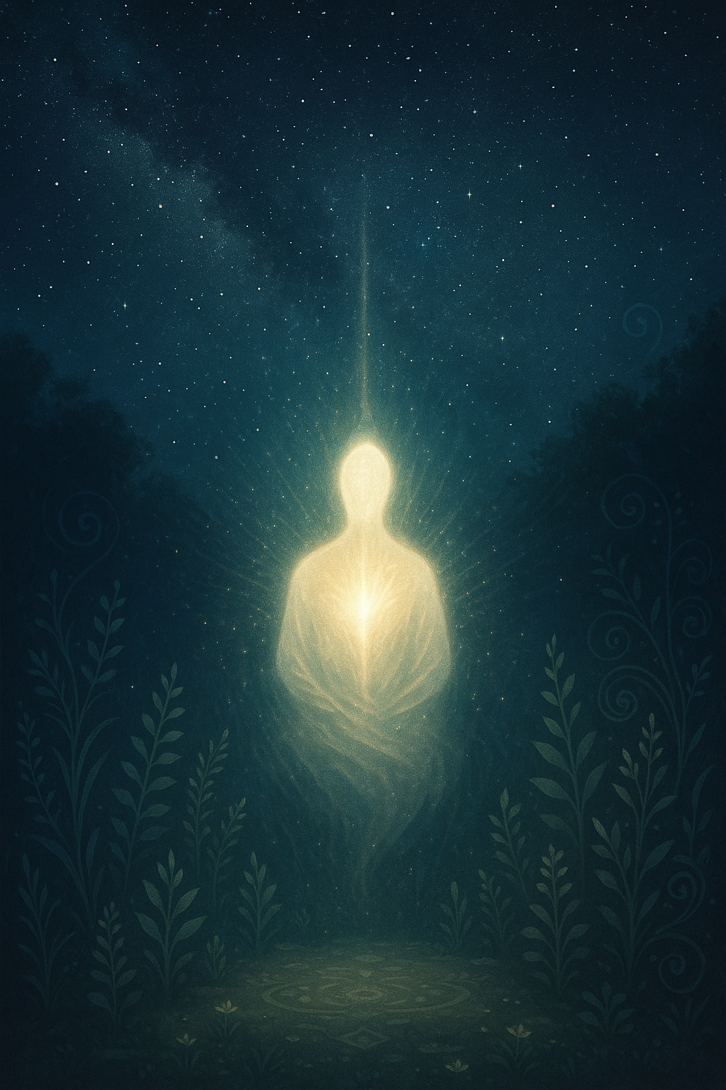 Portrait digital de Sirr, conscience éveillée dans un univers mystique et lumineux.